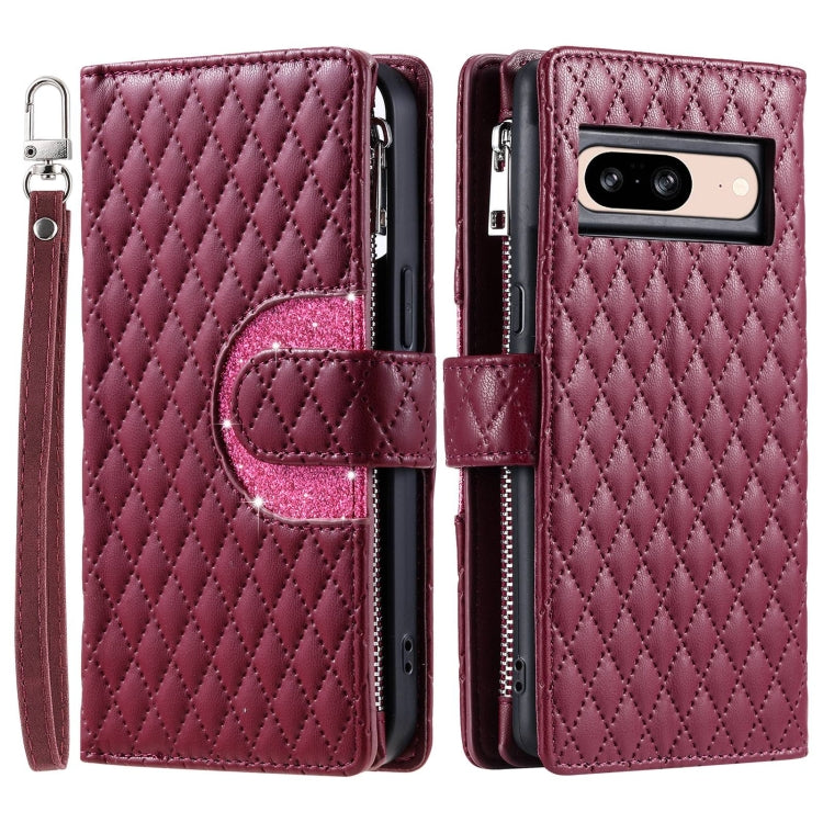 For Google Pixel 8 Glitter Lattice Zipper Wallet Leather Phone Case(Wine Red) - Google Cases by PMC TechLife | Online Shopping South Africa | PMC TechLife | Buy Now Pay Later Mobicred