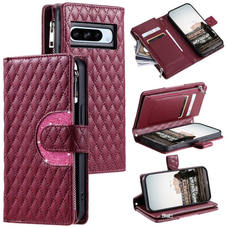 For Google Pixel 8 Pro Glitter Lattice Zipper Wallet Leather Phone Case(Wine Red) - Google Cases by PMC TechLife | Online Shopping South Africa | PMC TechLife | Buy Now Pay Later Mobicred