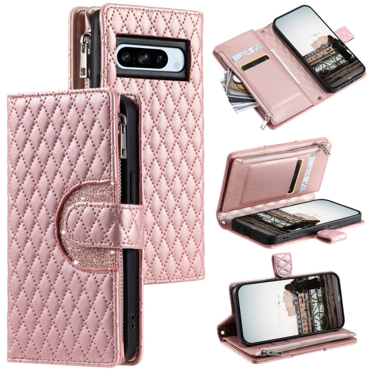 For Google Pixel 8 Pro Glitter Lattice Zipper Wallet Leather Phone Case(Rose Gold) - Google Cases by PMC TechLife | Online Shopping South Africa | PMC TechLife | Buy Now Pay Later Mobicred