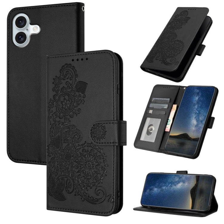 For iPhone 16 Plus Datura Flower Embossed Flip Leather Phone Case(Black) - iPhone 16 Plus Cases by PMC TechLife | Online Shopping South Africa | PMC TechLife | Buy Now Pay Later Mobicred