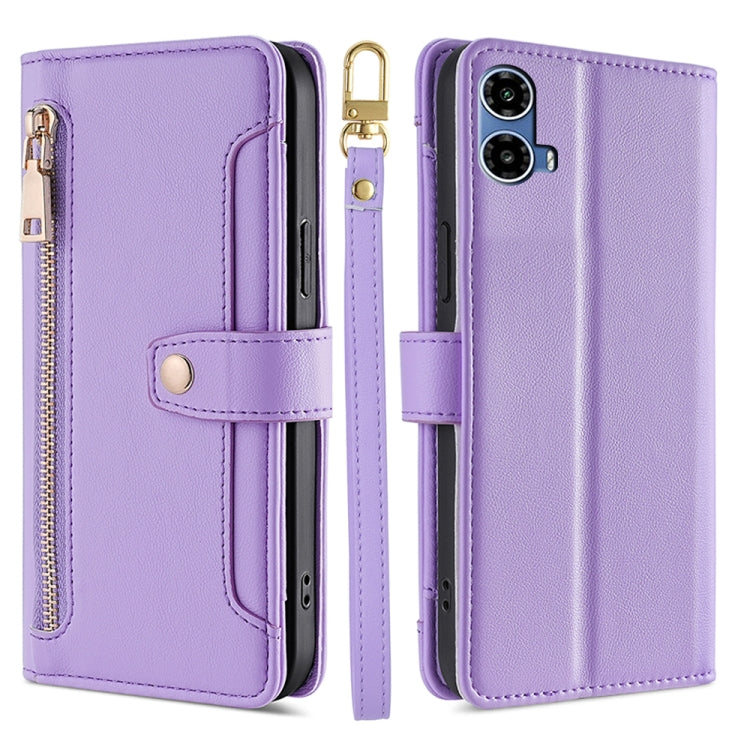 For Motorola Moto G34 5G Sheep Texture Cross-body Zipper Wallet Leather Phone Case(Purple) - Motorola Cases by PMC TechLife | Online Shopping South Africa | PMC TechLife | Buy Now Pay Later Mobicred
