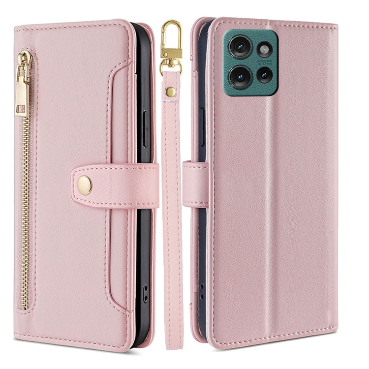 For Motorola Edge 50 5G Sheep Texture Cross-body Zipper Wallet Leather Phone Case(Pink) - Motorola Cases by PMC TechLife | Online Shopping South Africa | PMC TechLife | Buy Now Pay Later Mobicred
