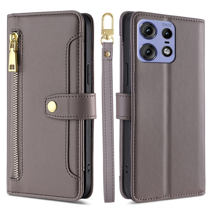 For Motorola Edge 50 Pro 5G Sheep Texture Cross-body Zipper Wallet Leather Phone Case(Grey) - Motorola Cases by PMC TechLife | Online Shopping South Africa | PMC TechLife | Buy Now Pay Later Mobicred
