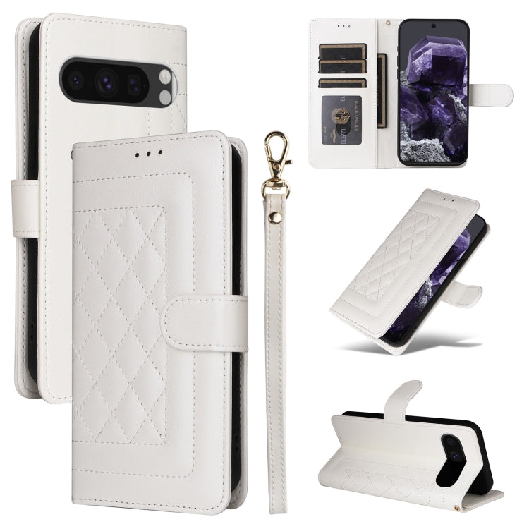 For Google Pixel 9 Pro Diamond Lattice Leather Flip Phone Case(White) - Google Cases by PMC TechLife | Online Shopping South Africa | PMC TechLife | Buy Now Pay Later Mobicred