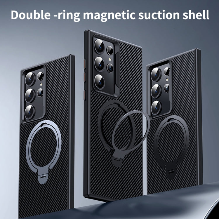 For Samsung Galaxy S24 Ultra 5G Double Ring MagSafe Holder Carbon Fibre Phone Case(Silver) - free shipping - PMC Jewellery - Order now!
