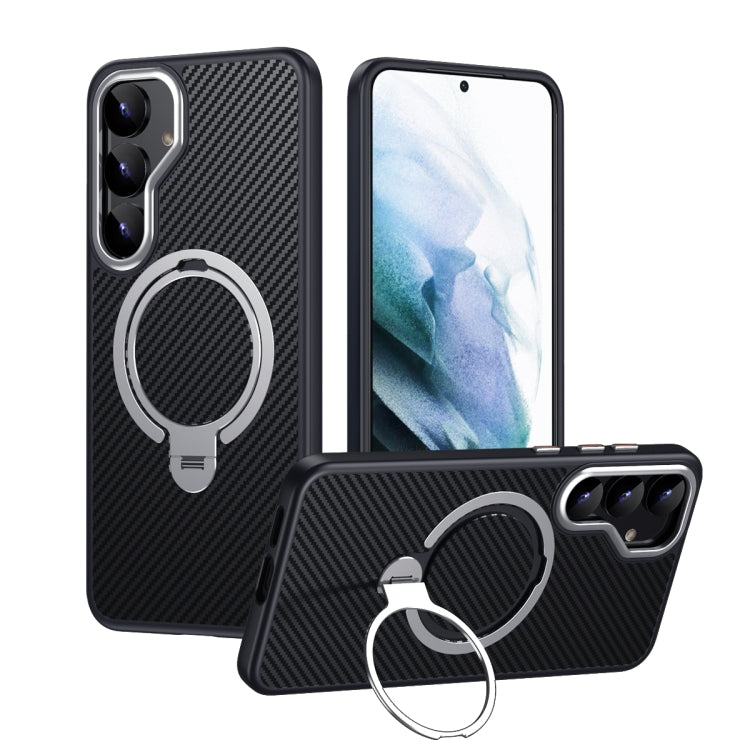 For Samsung Galaxy S25 5G Double Ring MagSafe Holder Carbon Fibre Phone Case(Silver) - Galaxy S25 5G Cases by PMC Jewellery | Online Shopping South Africa | PMC Jewellery | Buy Now Pay Later Mobicred
