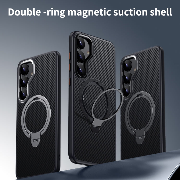For Samsung Galaxy S25 5G Double Ring MagSafe Holder Carbon Fibre Phone Case(Silver) - Galaxy S25 5G Cases by PMC Jewellery | Online Shopping South Africa | PMC Jewellery | Buy Now Pay Later Mobicred