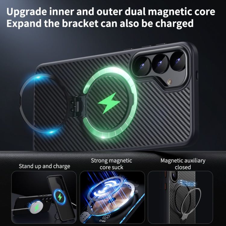 For Samsung Galaxy S25 5G Double Ring MagSafe Holder Carbon Fibre Phone Case(Silver) - Galaxy S25 5G Cases by PMC Jewellery | Online Shopping South Africa | PMC Jewellery | Buy Now Pay Later Mobicred