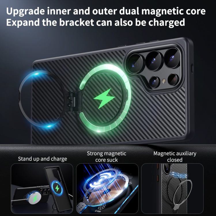 For Samsung Galaxy S25 Ultra 5G Double Ring MagSafe Holder Carbon Fibre Phone Case(Black) - Galaxy S25 Ultra 5G Cases by PMC Jewellery | Online Shopping South Africa | PMC Jewellery | Buy Now Pay Later Mobicred
