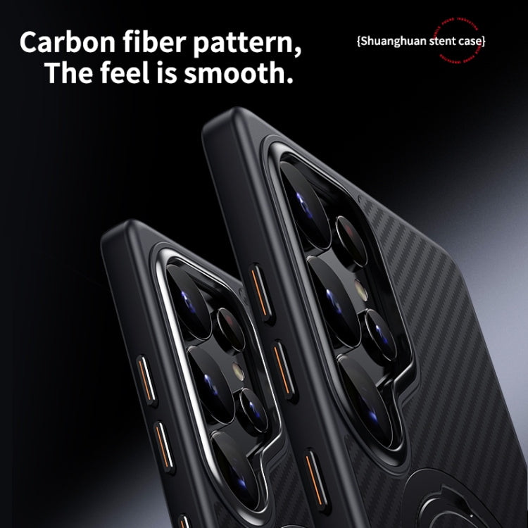 For Samsung Galaxy S25 Ultra 5G Double Ring MagSafe Holder Carbon Fibre Phone Case(Black) - Galaxy S25 Ultra 5G Cases by PMC Jewellery | Online Shopping South Africa | PMC Jewellery | Buy Now Pay Later Mobicred