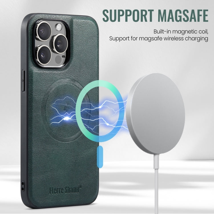 For iPhone 15 Pro Max Fierre Shann Cowhide Vertical Flip Magnetic Card Holder Phone Case(Green) - iPhone 15 Pro Max Cases by FIERRE SHANN | Online Shopping South Africa | PMC Jewellery | Buy Now Pay Later Mobicred