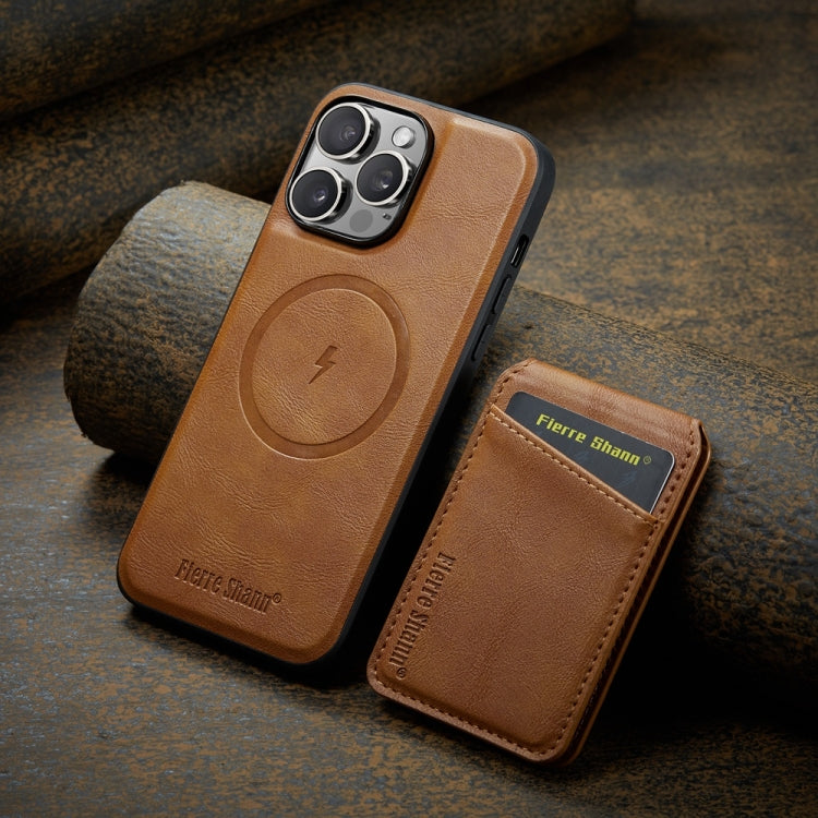 For iPhone 16 Pro Max Fierre Shann Cowhide Vertical Flip Magnetic Card Holder Phone Case(Brown) - iPhone 16 Pro Max Cases by FIERRE SHANN | Online Shopping South Africa | PMC Jewellery | Buy Now Pay Later Mobicred