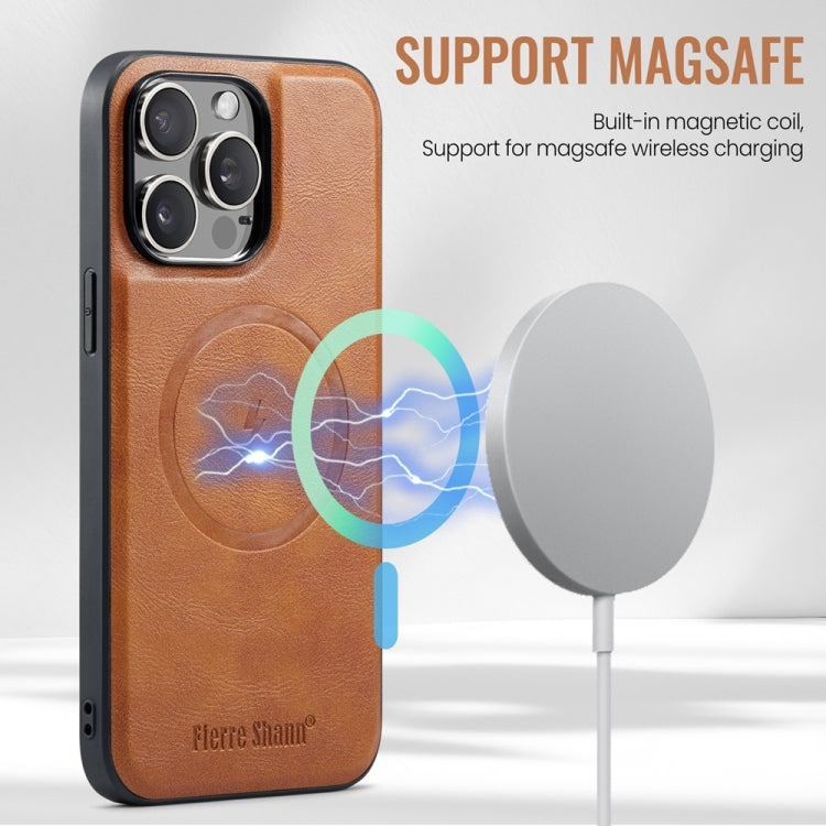 For iPhone 16 Pro Max Fierre Shann Cowhide Vertical Flip Magnetic Card Holder Phone Case(Brown) - iPhone 16 Pro Max Cases by FIERRE SHANN | Online Shopping South Africa | PMC Jewellery | Buy Now Pay Later Mobicred