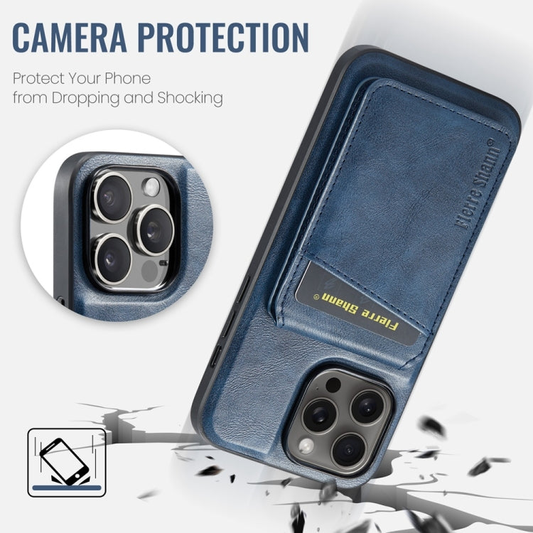 For iPhone 16 Pro Max Fierre Shann Cowhide Vertical Flip Magnetic Card Holder Phone Case(Blue) - iPhone 16 Pro Max Cases by FIERRE SHANN | Online Shopping South Africa | PMC Jewellery | Buy Now Pay Later Mobicred