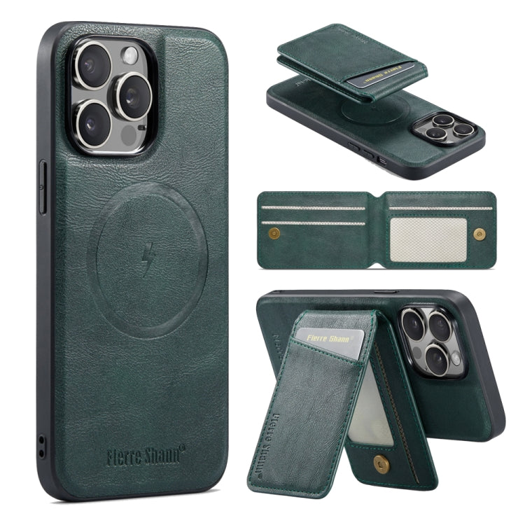 For iPhone 16 Pro Max Fierre Shann Cowhide Vertical Flip Magnetic Card Holder Phone Case(Green) - free shipping - PMC Jewellery - Order now!
