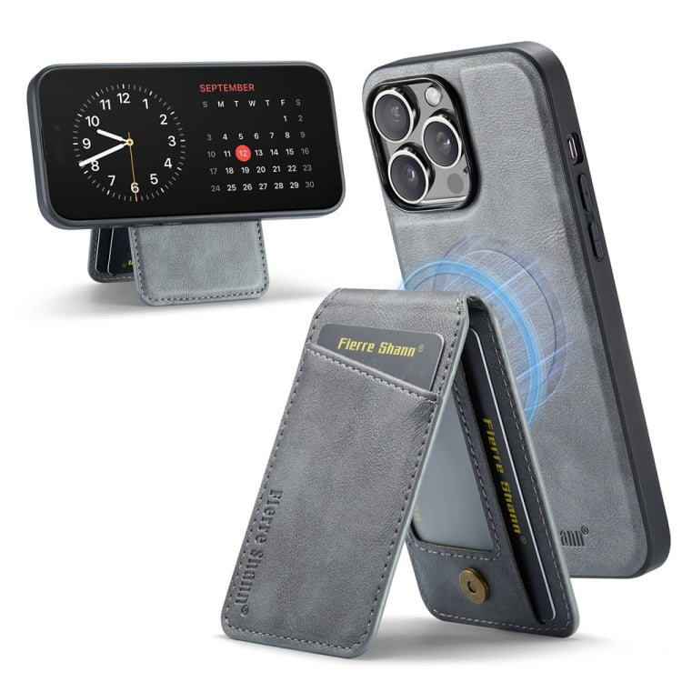 For iPhone 16 Pro Max Fierre Shann Cowhide Vertical Flip Magnetic Card Holder Phone Case(Grey) - free shipping - PMC Jewellery - Order now!