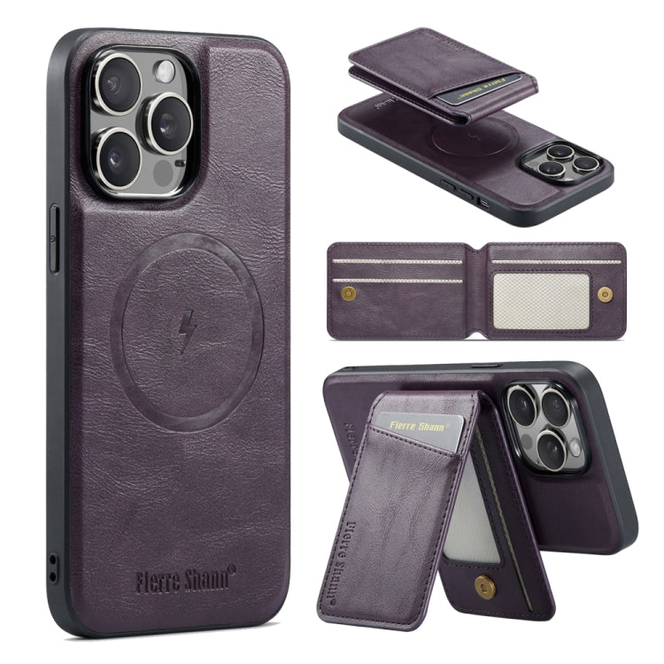 For iPhone 16 Pro Max Fierre Shann Cowhide Vertical Flip Magnetic Card Holder Phone Case(Purple) - free shipping - PMC Jewellery - Order now!