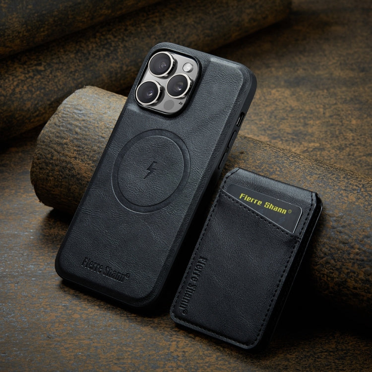 For iPhone 16 Pro Fierre Shann Cowhide Vertical Flip Magnetic Card Holder Phone Case(Black) - free shipping - PMC Jewellery - Order now!