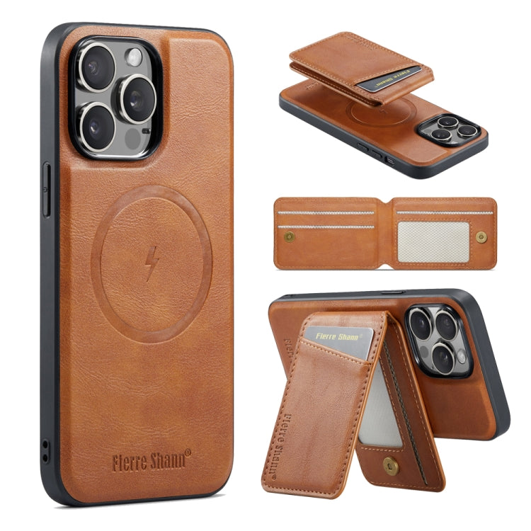For iPhone 16 Pro Fierre Shann Cowhide Vertical Flip Magnetic Card Holder Phone Case(Brown) - free shipping - PMC Jewellery - Order now!
