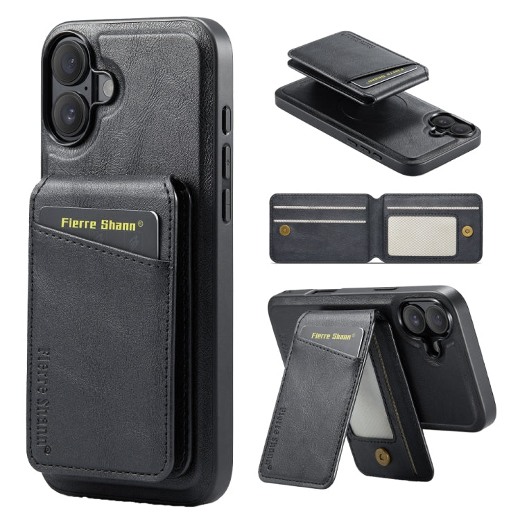 For iPhone 16 Plus Fierre Shann Cowhide Vertical Flip Magnetic Card Holder Phone Case(Black) - free shipping - PMC Jewellery - Order now!