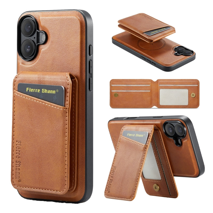 For iPhone 16 Plus Fierre Shann Cowhide Vertical Flip Magnetic Card Holder Phone Case(Brown) - iPhone 16 Plus Cases by FIERRE SHANN | Online Shopping South Africa | PMC Jewellery | Buy Now Pay Later Mobicred