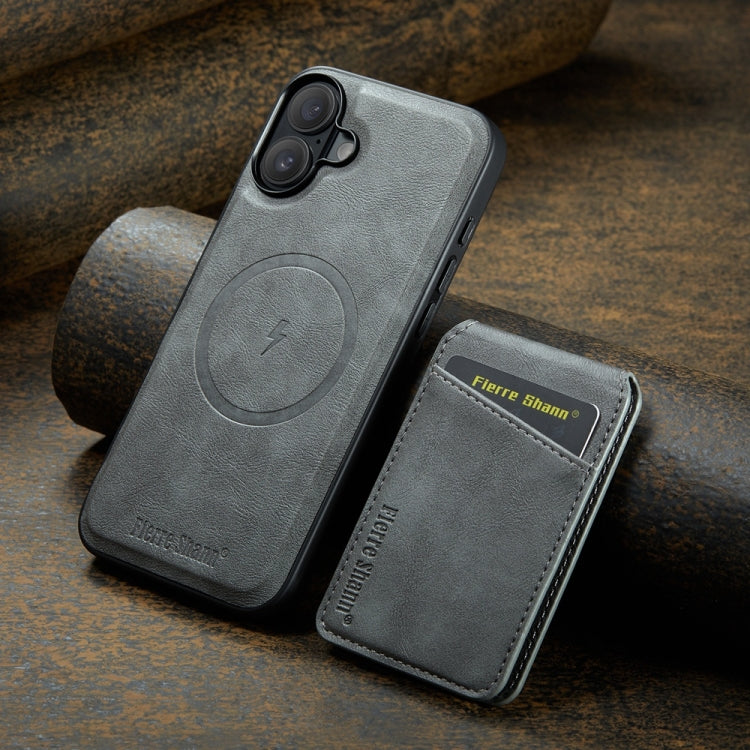 For iPhone 16 Plus Fierre Shann Cowhide Vertical Flip Magnetic Card Holder Phone Case(Grey) - free shipping - PMC Jewellery - Order now!