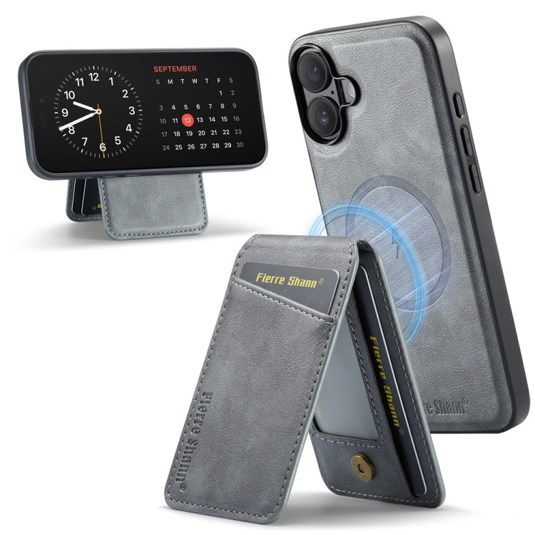 For iPhone 16 Plus Fierre Shann Cowhide Vertical Flip Magnetic Card Holder Phone Case(Grey) - free shipping - PMC Jewellery - Order now!