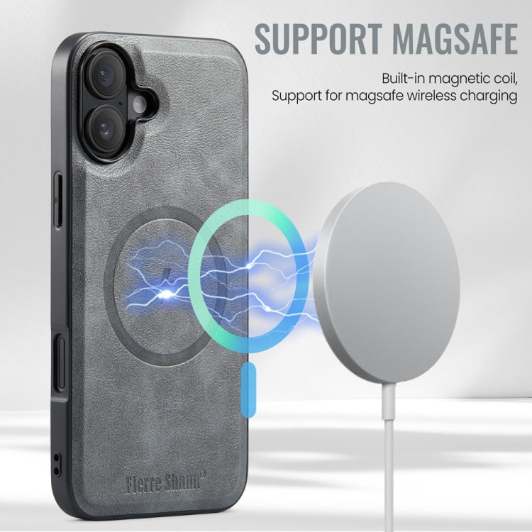 For iPhone 16 Plus Fierre Shann Cowhide Vertical Flip Magnetic Card Holder Phone Case(Grey) - free shipping - PMC Jewellery - Order now!