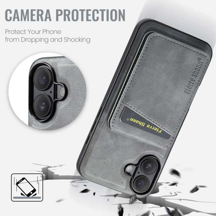 For iPhone 16 Plus Fierre Shann Cowhide Vertical Flip Magnetic Card Holder Phone Case(Grey) - free shipping - PMC Jewellery - Order now!