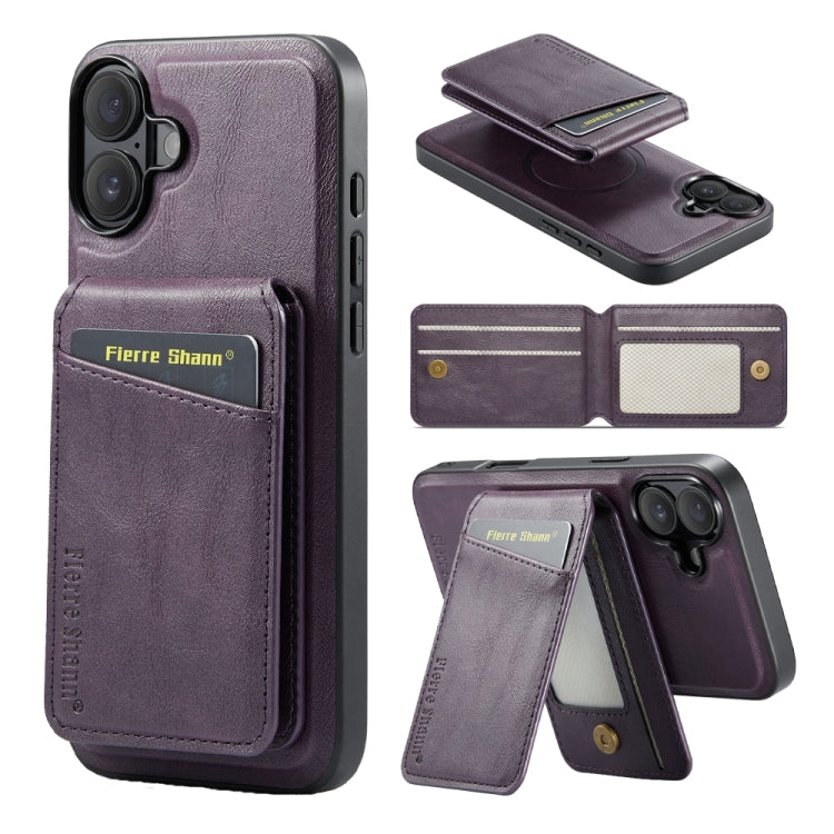 For iPhone 16 Plus Fierre Shann Cowhide Vertical Flip Magnetic Card Holder Phone Case(Purple) - free shipping - PMC Jewellery - Order now!