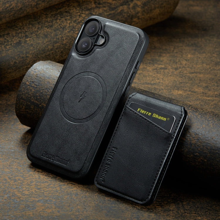 For iPhone 16 Fierre Shann Cowhide Vertical Flip Magnetic Card Holder Phone Case(Black) - iPhone 16 Cases by FIERRE SHANN | Online Shopping South Africa | PMC Jewellery | Buy Now Pay Later Mobicred
