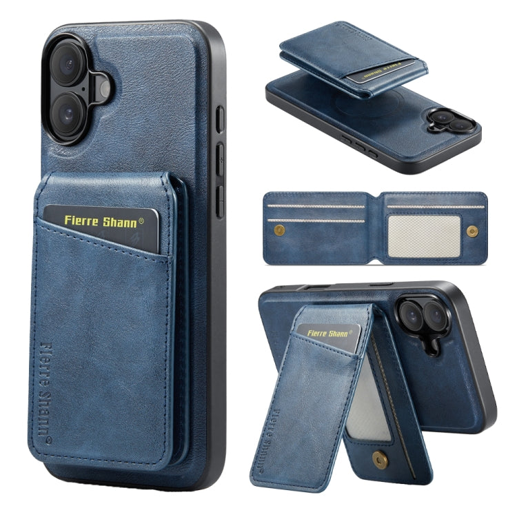 For iPhone 16 Fierre Shann Cowhide Vertical Flip Magnetic Card Holder Phone Case(Blue) - iPhone 16 Cases by FIERRE SHANN | Online Shopping South Africa | PMC Jewellery | Buy Now Pay Later Mobicred