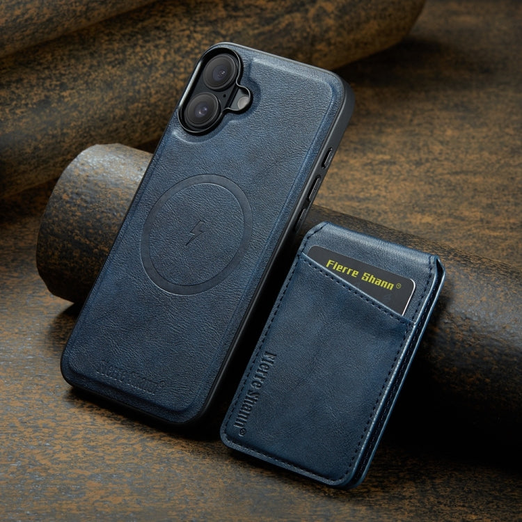 For iPhone 16 Fierre Shann Cowhide Vertical Flip Magnetic Card Holder Phone Case(Blue) - iPhone 16 Cases by FIERRE SHANN | Online Shopping South Africa | PMC Jewellery | Buy Now Pay Later Mobicred