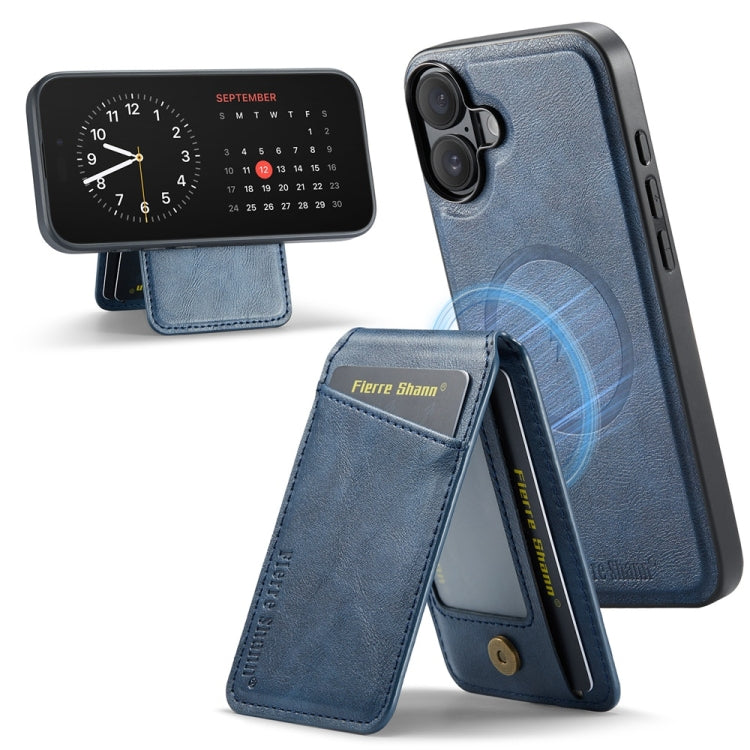 For iPhone 16 Fierre Shann Cowhide Vertical Flip Magnetic Card Holder Phone Case(Blue) - iPhone 16 Cases by FIERRE SHANN | Online Shopping South Africa | PMC Jewellery | Buy Now Pay Later Mobicred