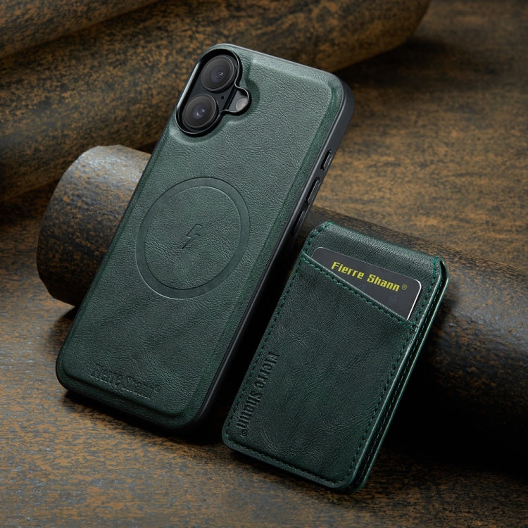 For iPhone 16 Fierre Shann Cowhide Vertical Flip Magnetic Card Holder Phone Case(Green) - iPhone 16 Cases by FIERRE SHANN | Online Shopping South Africa | PMC Jewellery | Buy Now Pay Later Mobicred