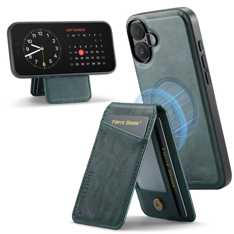 For iPhone 16 Fierre Shann Cowhide Vertical Flip Magnetic Card Holder Phone Case(Green) - iPhone 16 Cases by FIERRE SHANN | Online Shopping South Africa | PMC Jewellery | Buy Now Pay Later Mobicred