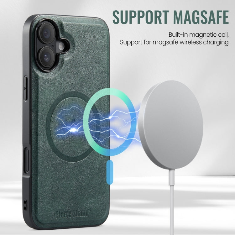 For iPhone 16 Fierre Shann Cowhide Vertical Flip Magnetic Card Holder Phone Case(Green) - iPhone 16 Cases by FIERRE SHANN | Online Shopping South Africa | PMC Jewellery | Buy Now Pay Later Mobicred