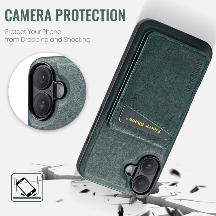 For iPhone 16 Fierre Shann Cowhide Vertical Flip Magnetic Card Holder Phone Case(Green) - iPhone 16 Cases by FIERRE SHANN | Online Shopping South Africa | PMC Jewellery | Buy Now Pay Later Mobicred