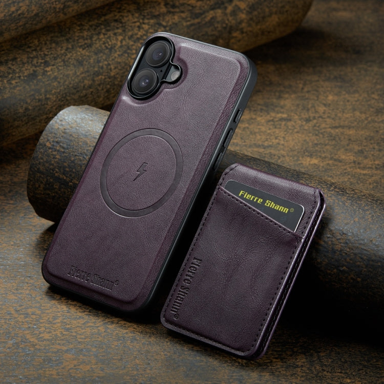 For iPhone 16 Fierre Shann Cowhide Vertical Flip Magnetic Card Holder Phone Case(Purple) - free shipping - PMC Jewellery - Order now!