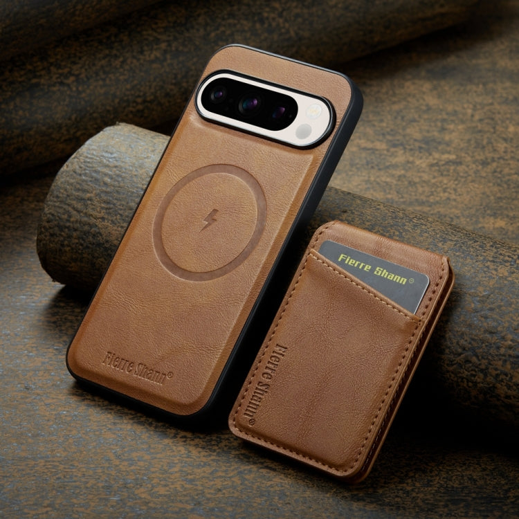 For Google Pixel 9 Pro Fierre Shann Cowhide Vertical Flip Magnetic Card Holder Phone Case(Brown) - Google Cases by FIERRE SHANN | Online Shopping South Africa | PMC TechLife | Buy Now Pay Later Mobicred