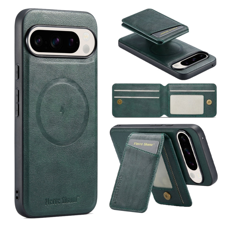 For Google Pixel 9 Pro Fierre Shann Cowhide Vertical Flip Magnetic Card Holder Phone Case(Green) - free shipping - PMC TechLife - Order now!