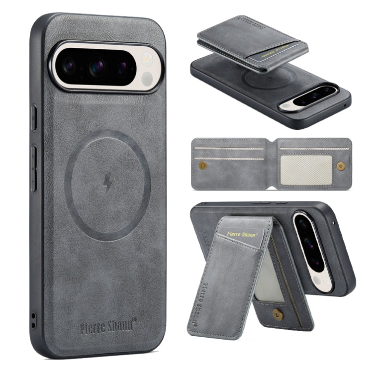 For Google Pixel 9 Pro Fierre Shann Cowhide Vertical Flip Magnetic Card Holder Phone Case(Grey) - Google Cases by FIERRE SHANN | Online Shopping South Africa | PMC TechLife | Buy Now Pay Later Mobicred