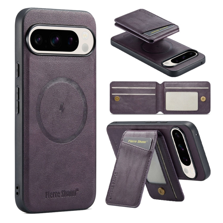 For Google Pixel 9 Pro Fierre Shann Cowhide Vertical Flip Magnetic Card Holder Phone Case(Purple) - free shipping - PMC TechLife - Order now!