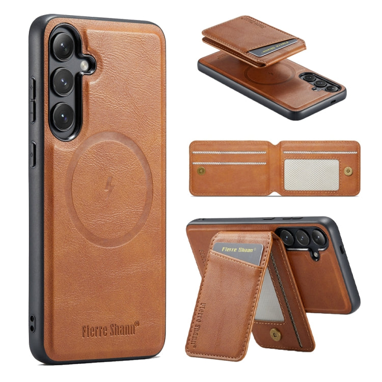For Samsung Galaxy S24+ 5G Fierre Shann Cowhide Vertical Flip Magnetic Card Holder Phone Case(Brown) - Galaxy S24+ 5G Cases by FIERRE SHANN | Online Shopping South Africa | PMC Jewellery | Buy Now Pay Later Mobicred