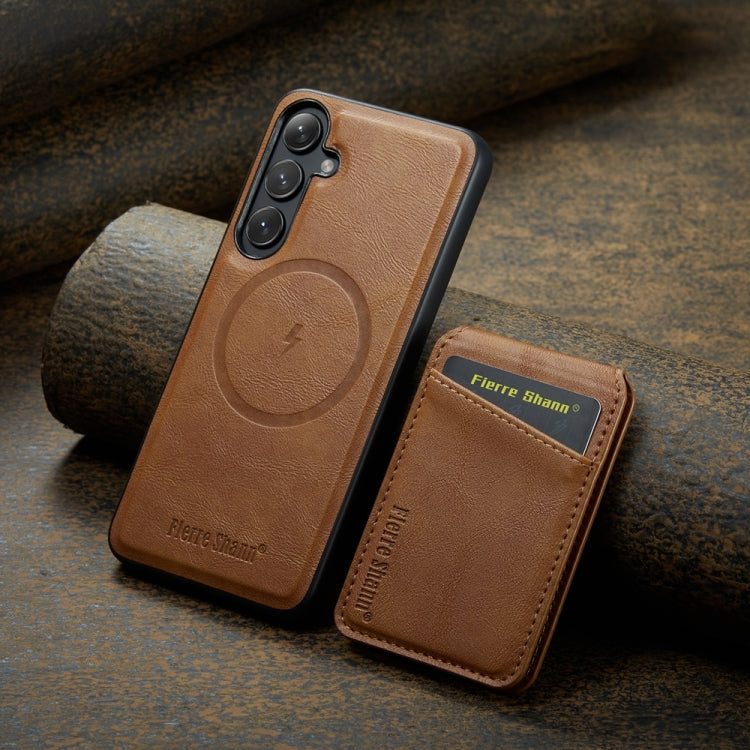 For Samsung Galaxy S24+ 5G Fierre Shann Cowhide Vertical Flip Magnetic Card Holder Phone Case(Brown) - Galaxy S24+ 5G Cases by FIERRE SHANN | Online Shopping South Africa | PMC Jewellery | Buy Now Pay Later Mobicred