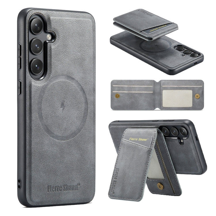 For Samsung Galaxy S24+ 5G Fierre Shann Cowhide Vertical Flip Magnetic Card Holder Phone Case(Grey) - free shipping - PMC Jewellery - Order now!