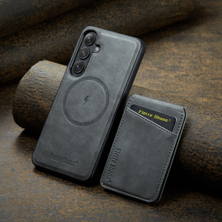 For Samsung Galaxy S24+ 5G Fierre Shann Cowhide Vertical Flip Magnetic Card Holder Phone Case(Grey) - free shipping - PMC Jewellery - Order now!