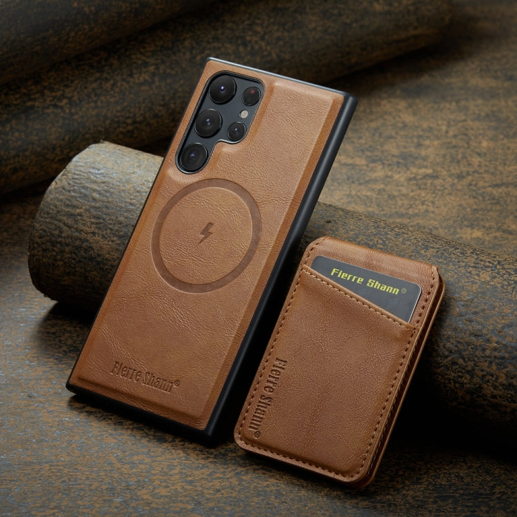 For Samsung Galaxy S24 Ultra 5G Fierre Shann Cowhide Vertical Flip Magnetic Card Holder Phone Case(Brown) - Galaxy S24 Ultra 5G Cases by FIERRE SHANN | Online Shopping South Africa | PMC Jewellery | Buy Now Pay Later Mobicred
