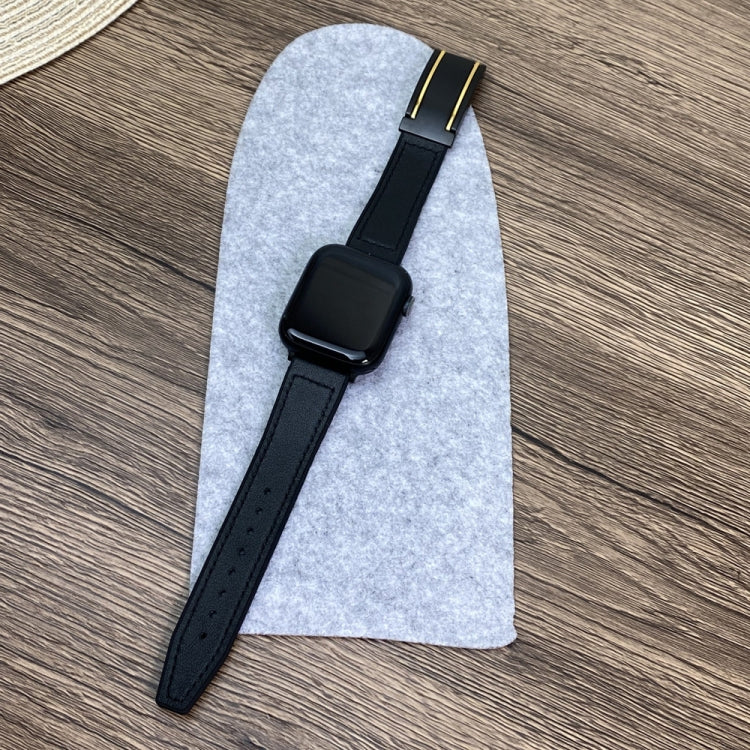 For Apple Watch SE 2022 44mm Trapezoid Fold Magnetic Buckle Silicone PU Watch Band(Black Gold) - free shipping - PMC TechLife - Order now!