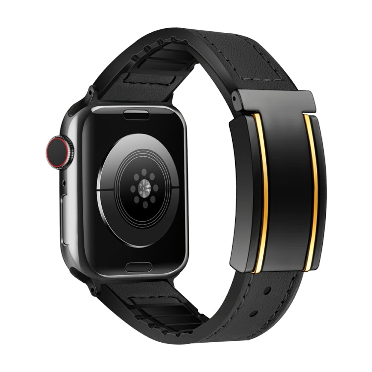 For Apple Watch Series 3 38mm Trapezoid Fold Magnetic Buckle Silicone PU Watch Band(Black Gold) - free shipping - PMC TechLife - Order now!